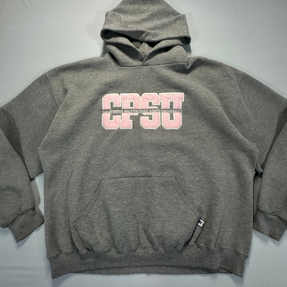 Russell Athletic CPSU Cal Poly Gray Pink Applique Hoodie Sweatshirt XL 0385